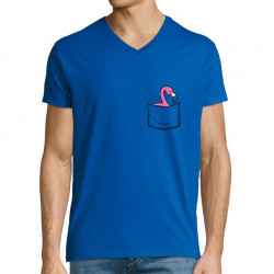 T-shirt homme col V bleu royal Un flamand rose dans la poche (Gondrax,Animaux)