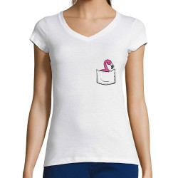 T-shirt femme col V blanc Un flamand rose dans la poche (Gondrax,Animaux)