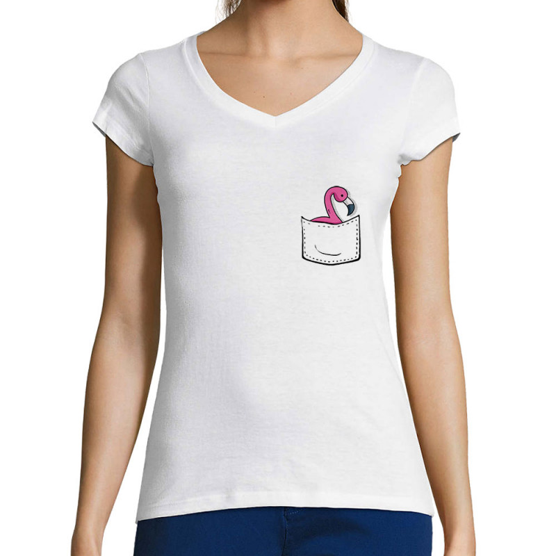 T-shirt femme col V blanc Un flamand rose dans la poche (Gondrax,Animaux)