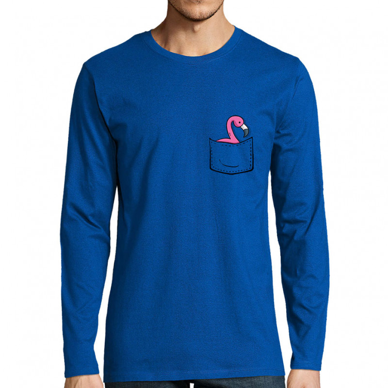 T-shirt homme manches longues bleu royal Un flamand rose dans la poche (Gondrax,Animaux)