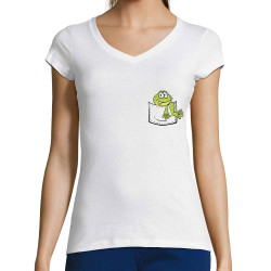 T-shirt femme col V blanc Une grenouille dans la poche (Gondrax,Animaux)