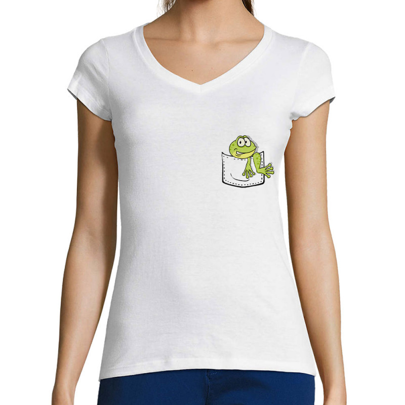 T-shirt femme col V blanc Une grenouille dans la poche (Gondrax,Animaux)