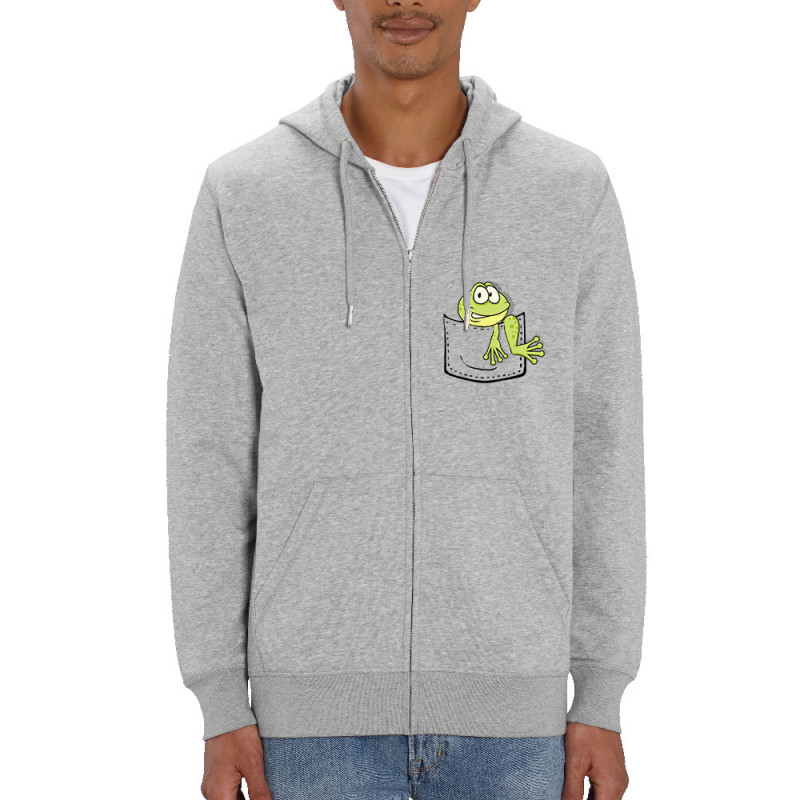 Sweat homme zippé à capuche coton bio gris chiné Une grenouille dans la poche (Gondrax,Animaux)