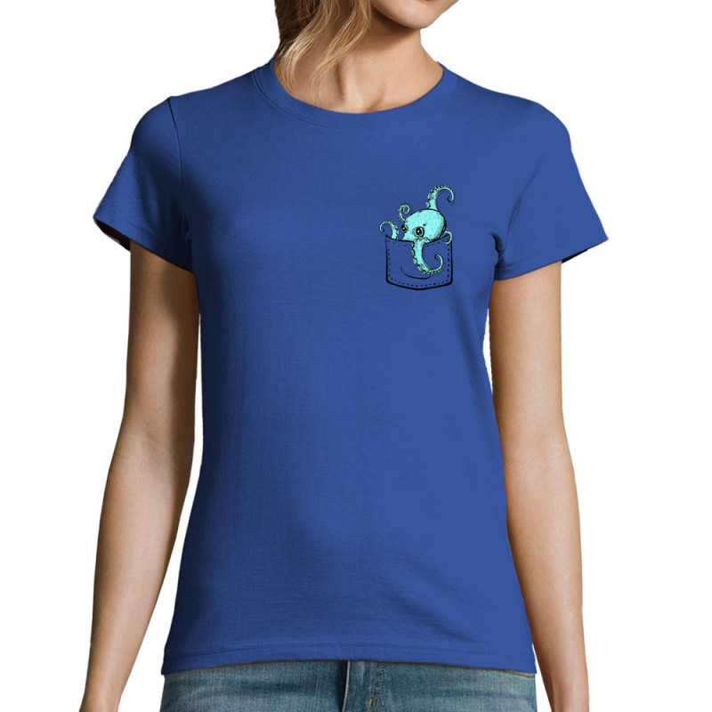 T-shirt femme bleu royal Un poulpe dans la poche (Gondrax,Animaux)