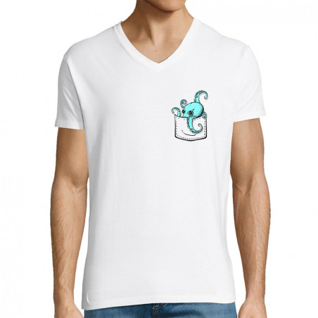 T-shirt homme col V blanc Un poulpe dans la poche (Gondrax,Animaux)