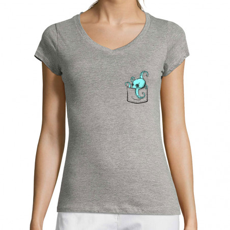 T-shirt femme col V gris chiné Un poulpe dans la poche (Gondrax,Animaux)