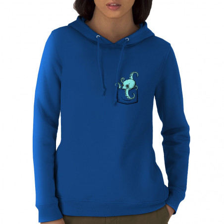 Sweat femme à capuche coton bio bleu royal Un poulpe dans la poche (Gondrax,Animaux)