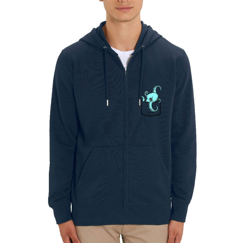 Sweat homme zippé à capuche coton bio bleu marine Un poulpe dans la poche (Gondrax,Animaux)