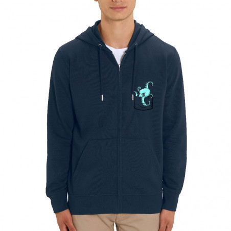 Sweat homme zippé à capuche coton bio bleu marine Un poulpe dans la poche (Gondrax,Animaux)