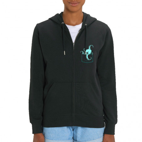 Sweat femme zippé à capuche coton bio noir Un poulpe dans la poche (Gondrax,Animaux)