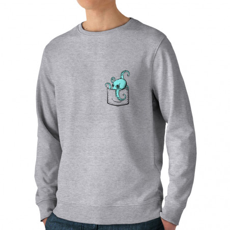 Sweat homme bio col rond gris chiné Un poulpe dans la poche (Gondrax,Animaux)
