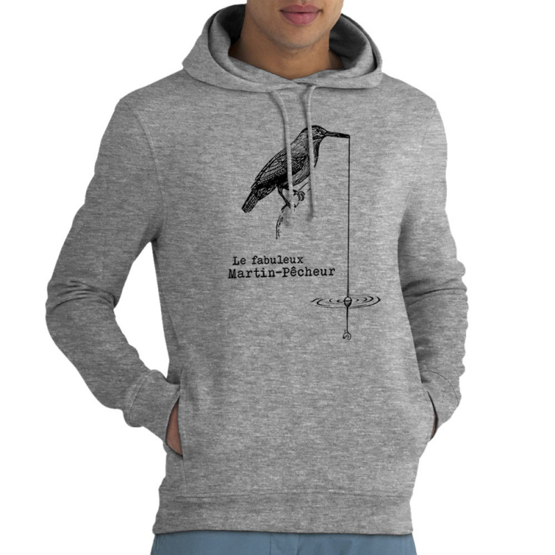 Sweat homme à capuche coton bio gris chiné Le fabuleux Martin-pêcheur (Gondrax,Les Bébêtes,Animaux)