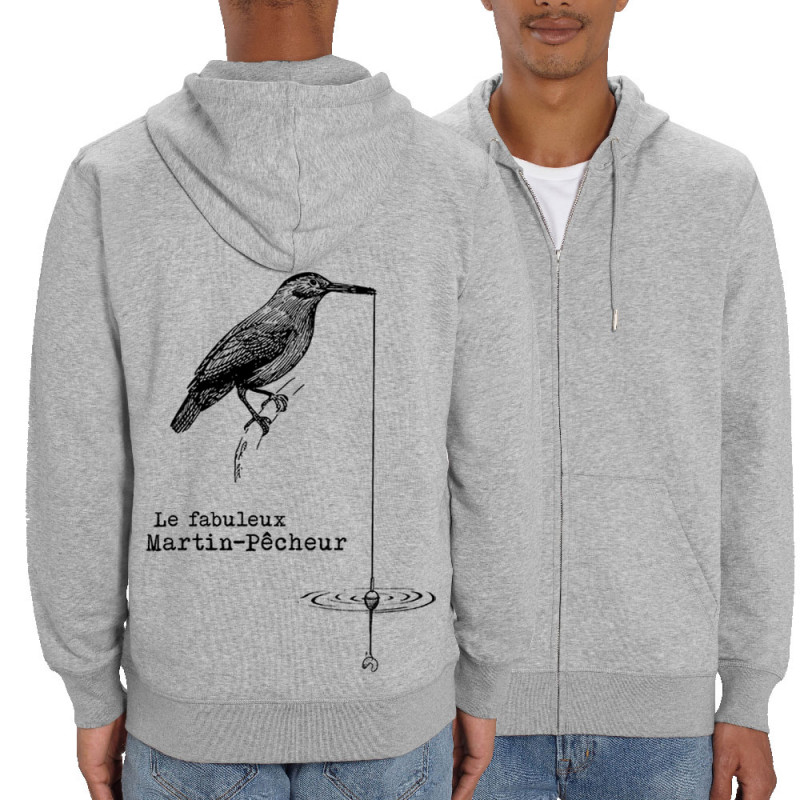 Sweat homme zippé à capuche coton bio gris chiné Le fabuleux Martin-pêcheur (Gondrax,Les Bébêtes,Animaux)