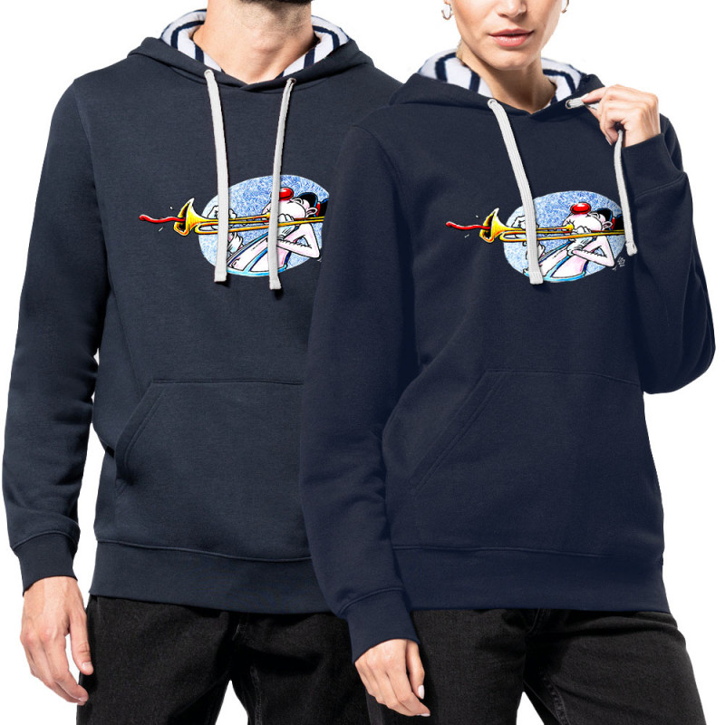 Sweat capuche à motifs unisexe bleu marine et marinière Trombone (Laul,Humour)