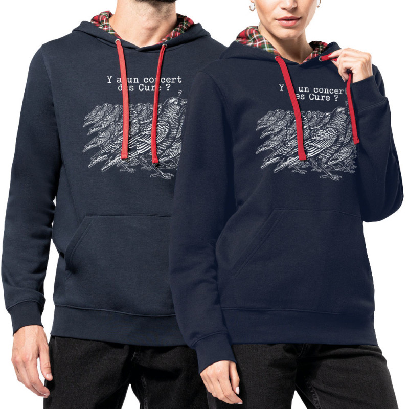 Sweat capuche à motifs unisexe bleu marine et rouge tartan Y a un concert des Cure (Gondrax,Les Bébêtes,Animaux,Humour)