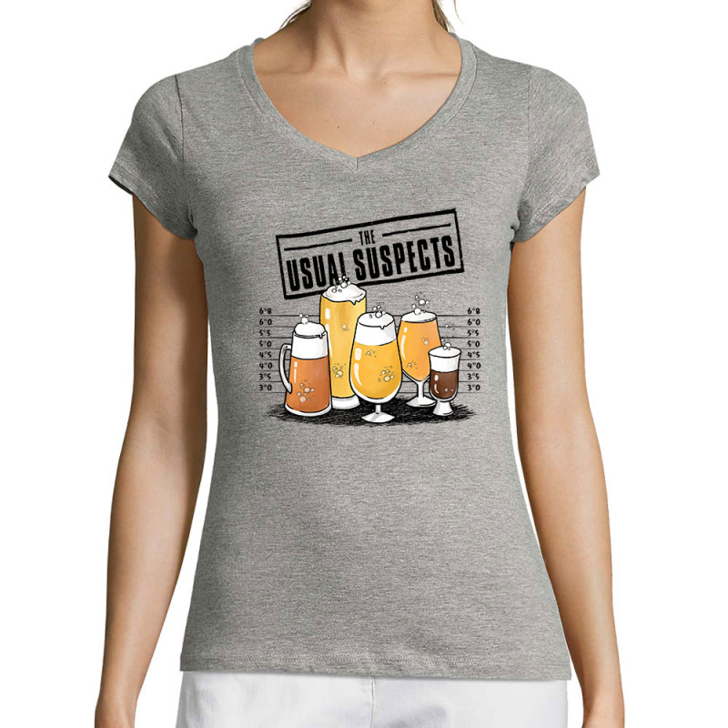 T-shirt femme col V gris chiné Usual Suspects Beer (Gondrax,Alcool,Détournements)