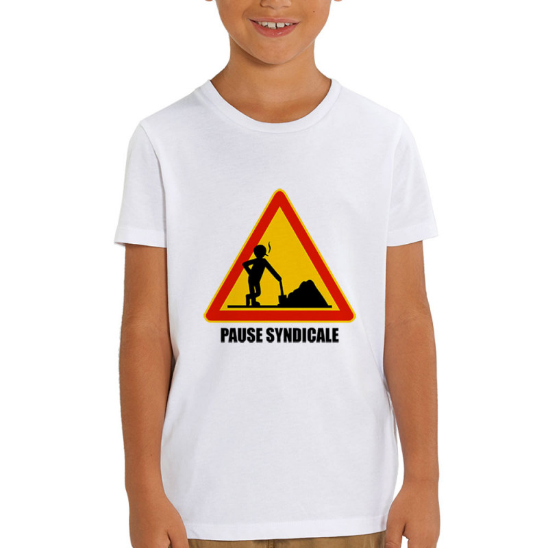 T-shirt enfant coton bio blanc Pause syndicale (Gondrax,Humour,Slogans engagés)