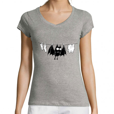 T-shirt femme col V gris chiné Le linge sèche (Gondrax,Animaux,Humour)