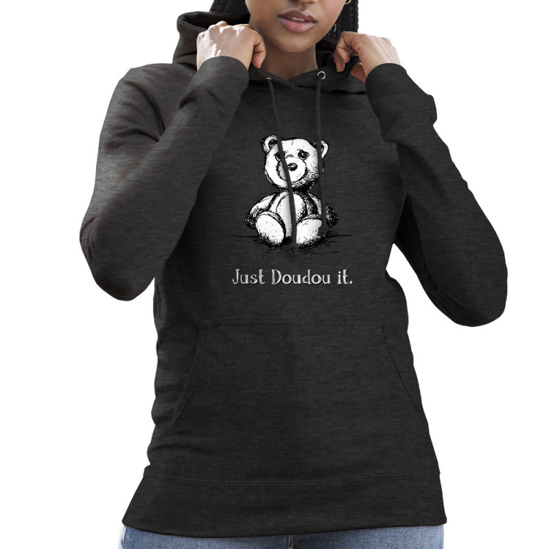 Sweat femme à capuche gris anthracite Just Doudou it (Gondrax,Animaux,Humour,Détournements)