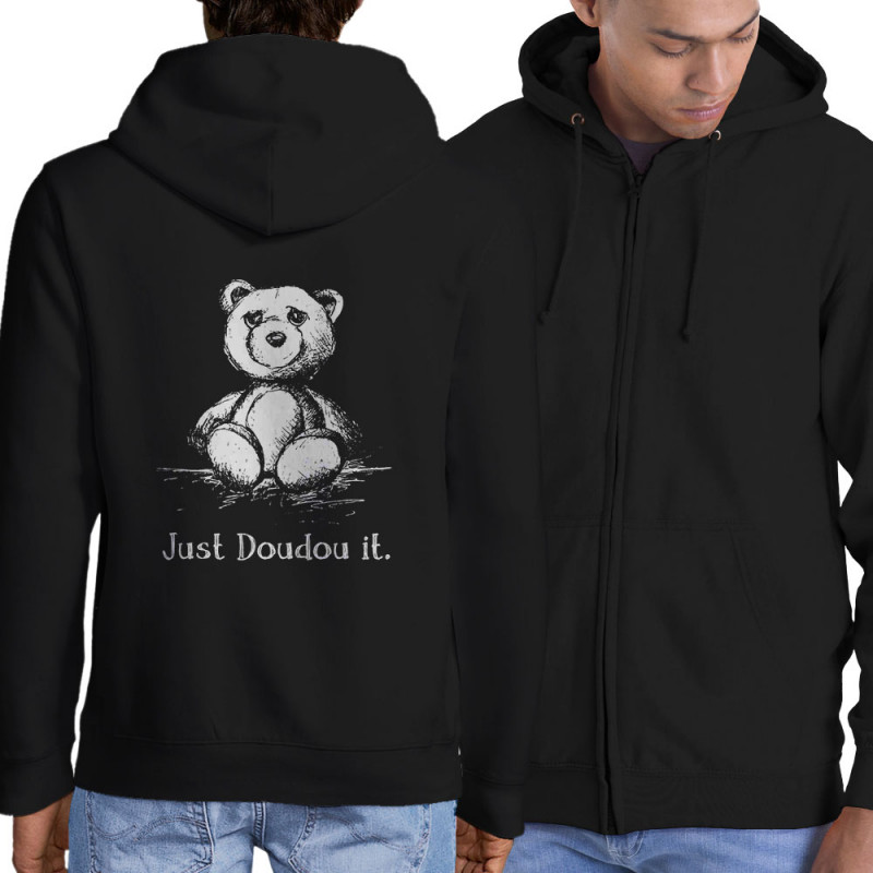 Sweat homme à capuche zippé noir Just Doudou it (Gondrax,Animaux,Humour,Détournements)
