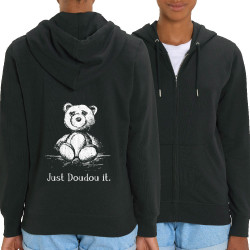 Sweat femme zippé à capuche coton bio noir Just Doudou it (Gondrax,Animaux,Humour,Détournements)