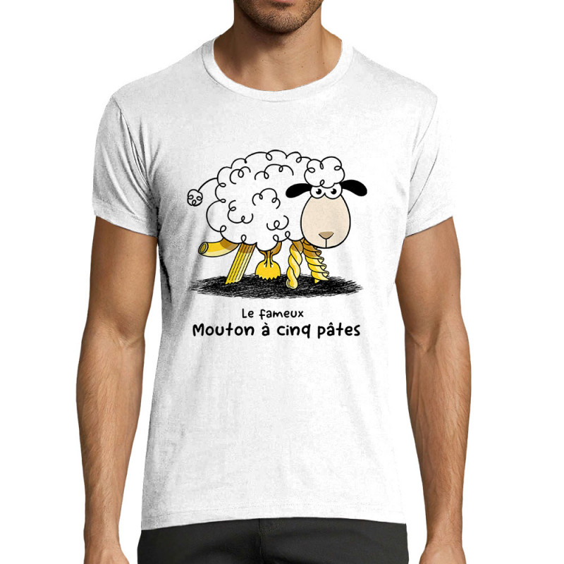 T-shirt homme fit blanc Le fameux mouton à cinq pâtes (Gondrax,Animaux,Humour)