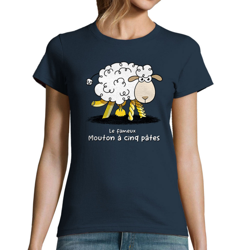 T-shirt femme bleu marine Le fameux mouton à cinq pâtes (Gondrax,Animaux,Humour)