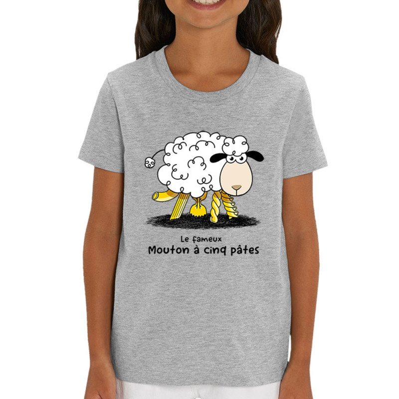 T-shirt enfant coton bio gris chiné Le fameux mouton à cinq pâtes (Gondrax,Animaux,Humour)