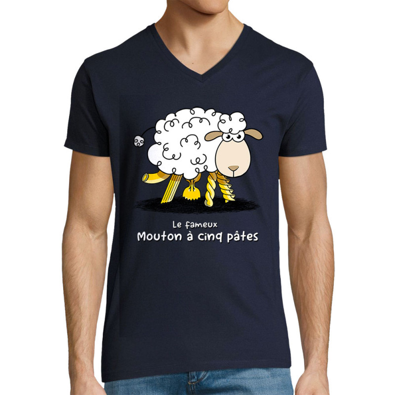 T-shirt homme col V bleu marine Le fameux mouton à cinq pâtes (Gondrax,Animaux,Humour)