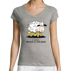 T-shirt femme col V gris chiné Le fameux mouton à cinq pâtes (Gondrax,Animaux,Humour)