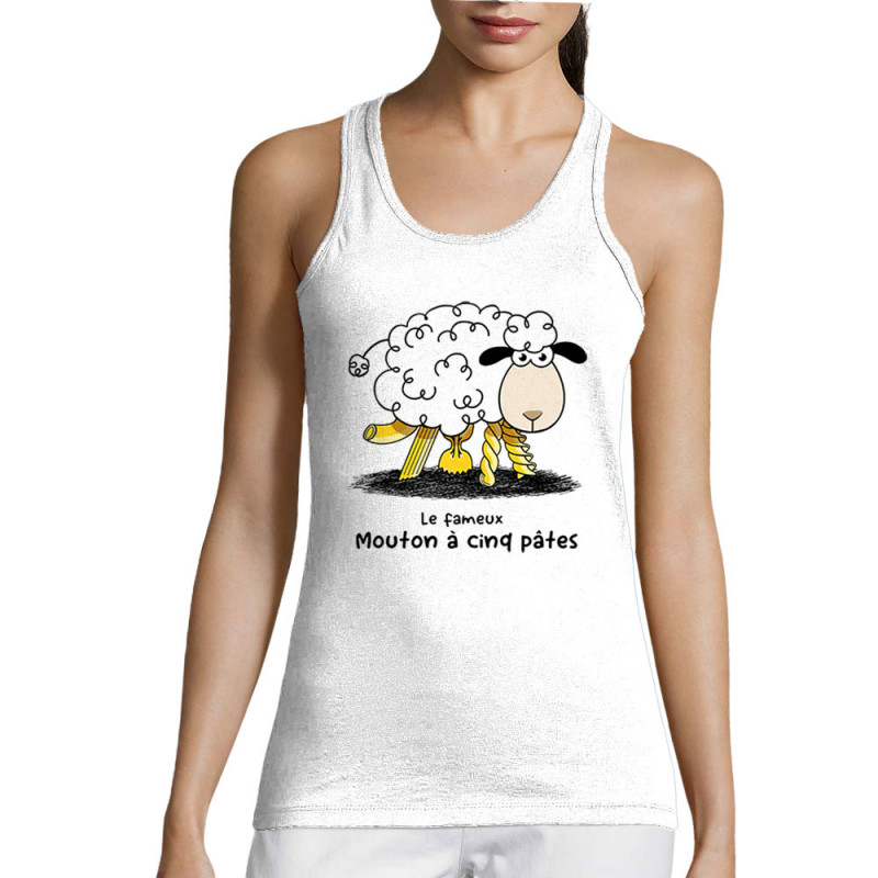 Débardeur femme blanc Le fameux mouton à cinq pâtes (Gondrax,Animaux,Humour)
