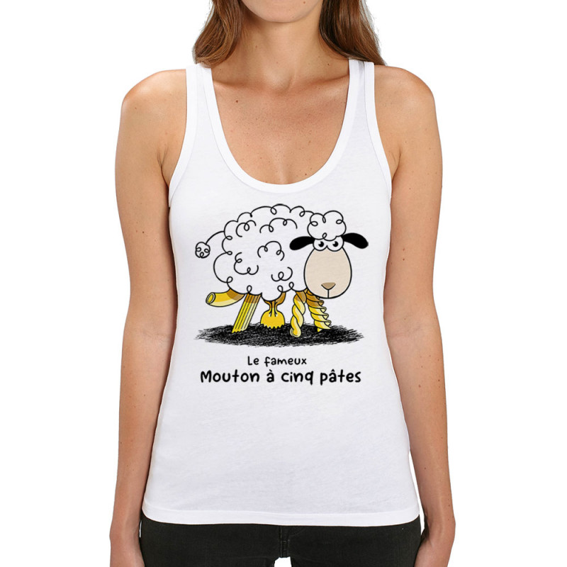 Débardeur femme coton bio blanc Le fameux mouton à cinq pâtes (Gondrax,Animaux,Humour)