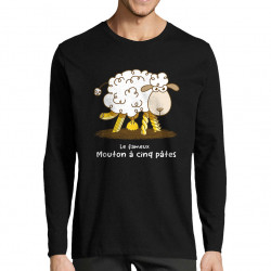 T-shirt homme manches longues noir Le fameux mouton à cinq pâtes (Gondrax,Animaux,Humour)