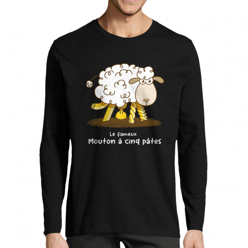 T-shirt homme manches longues noir Le fameux mouton à cinq pâtes (Gondrax,Animaux,Humour)