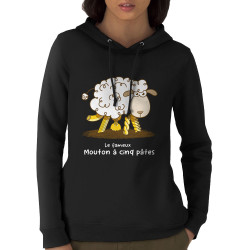 Sweat femme à capuche coton bio noir Le fameux mouton à cinq pâtes (Gondrax,Animaux,Humour)