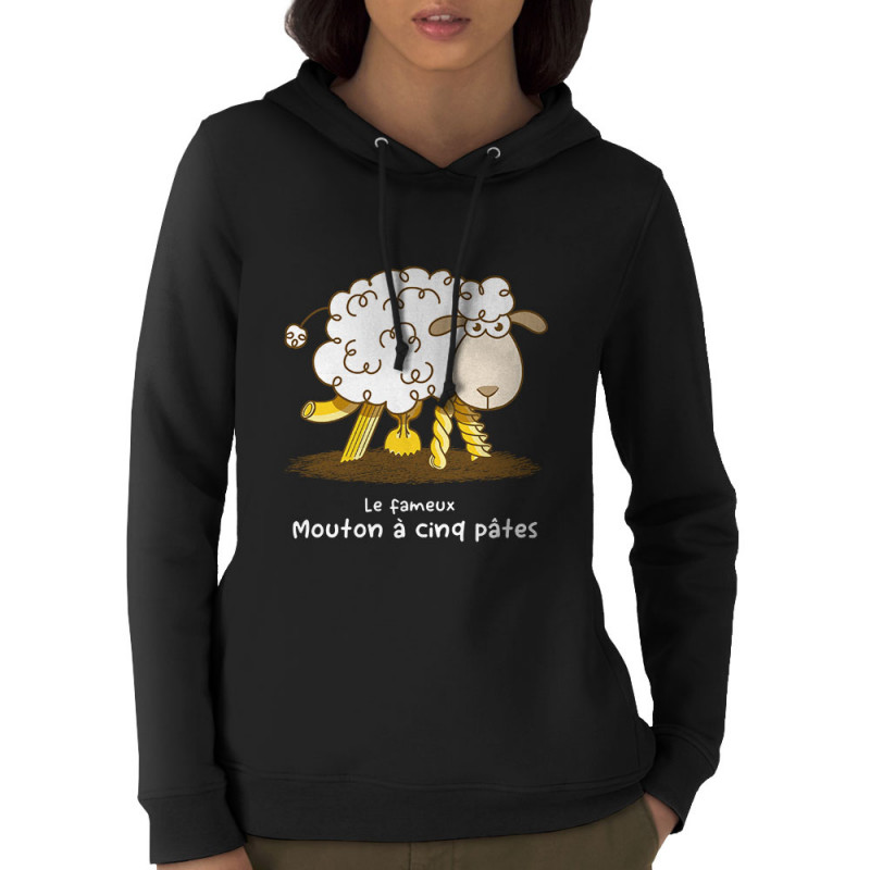 Sweat femme à capuche coton bio noir Le fameux mouton à cinq pâtes (Gondrax,Animaux,Humour)