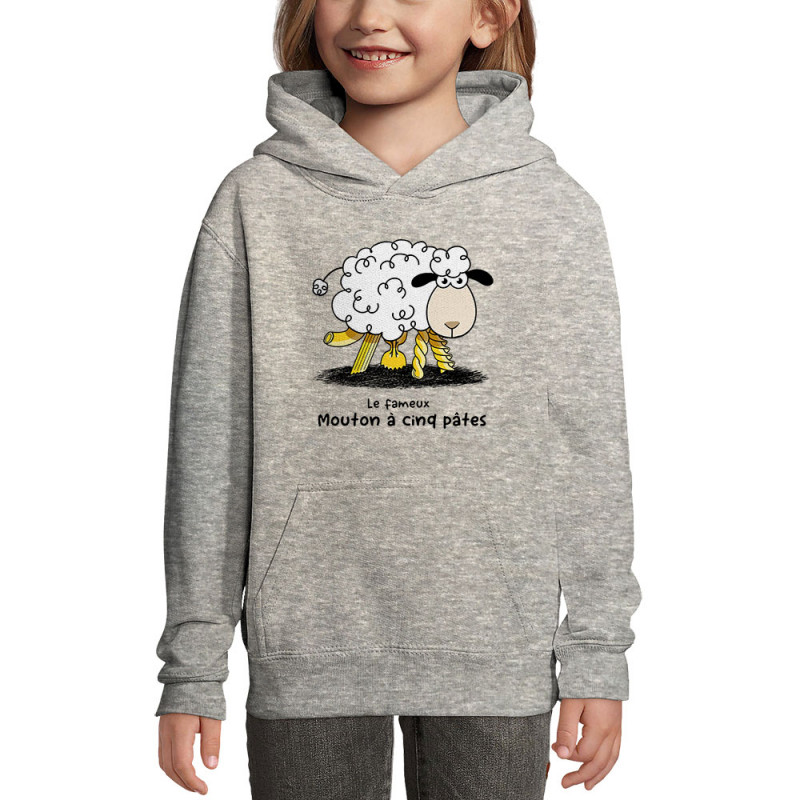 Sweat enfant à capuche gris chiné Le fameux mouton à cinq pâtes (Gondrax,Animaux,Humour)
