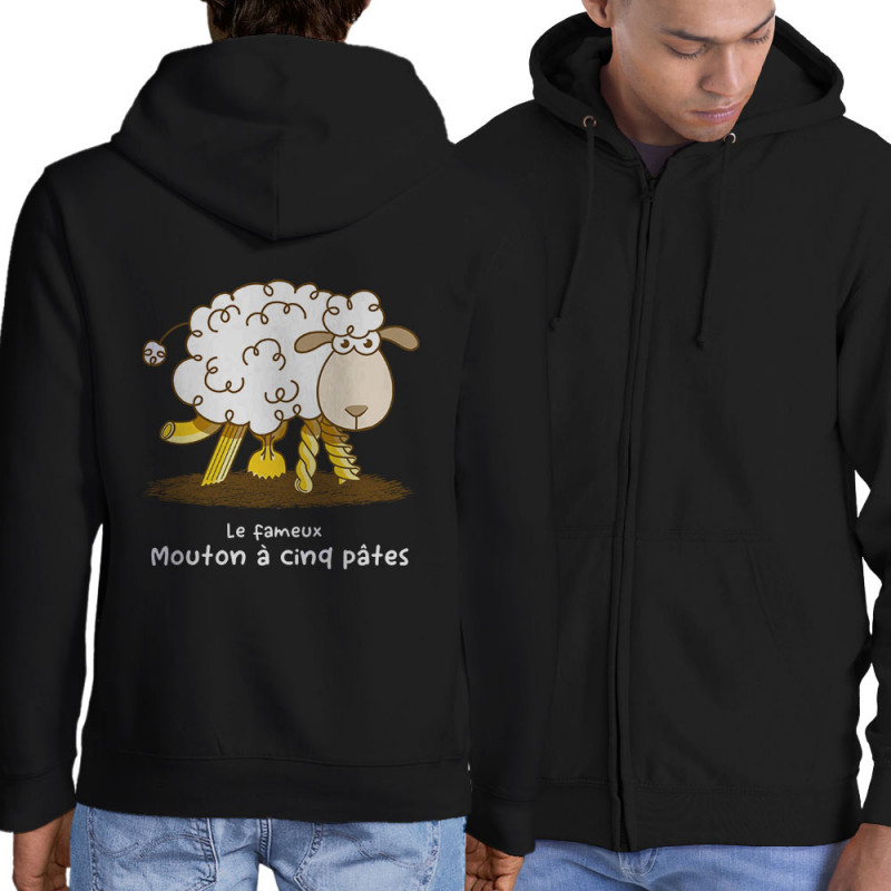 Sweat homme à capuche zippé noir Le fameux mouton à cinq pâtes (Gondrax,Animaux,Humour)