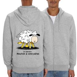Sweat homme zippé à capuche coton bio gris chiné Le fameux mouton à cinq pâtes (Gondrax,Animaux,Humour)