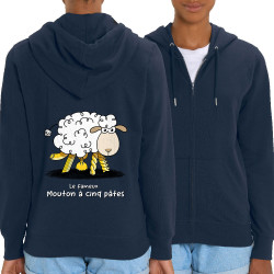 Sweat femme zippé à capuche coton bio bleu marine Le fameux mouton à cinq pâtes (Gondrax,Animaux,Humour)