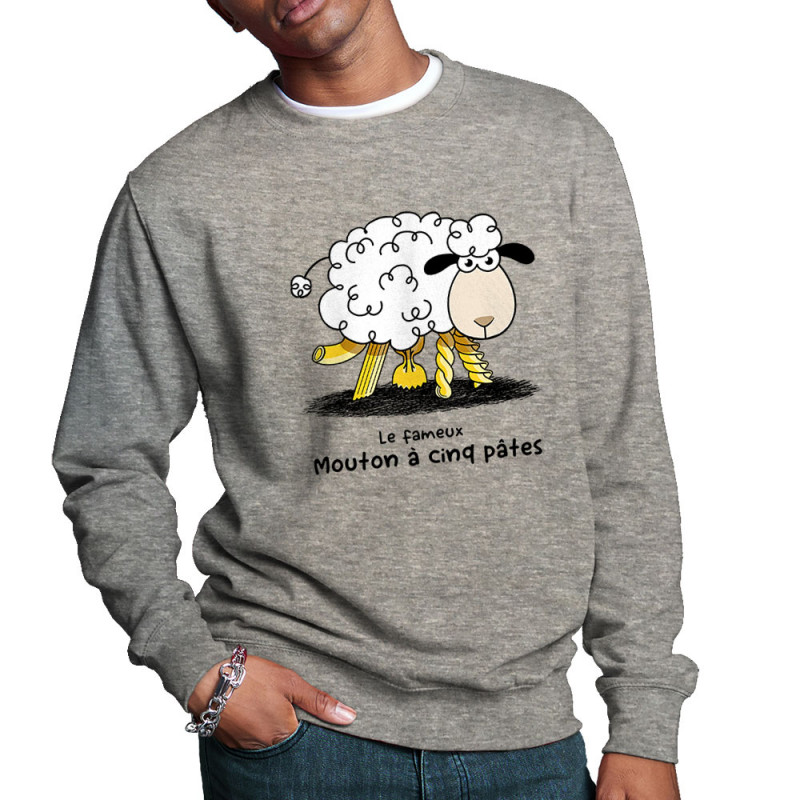 Sweat homme col rond gris chiné Le fameux mouton à cinq pâtes (Gondrax,Animaux,Humour)