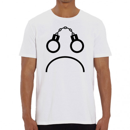 T-shirt homme coton bio blanc Menottes smiley (Gondrax,Slogans engagés,Humour)