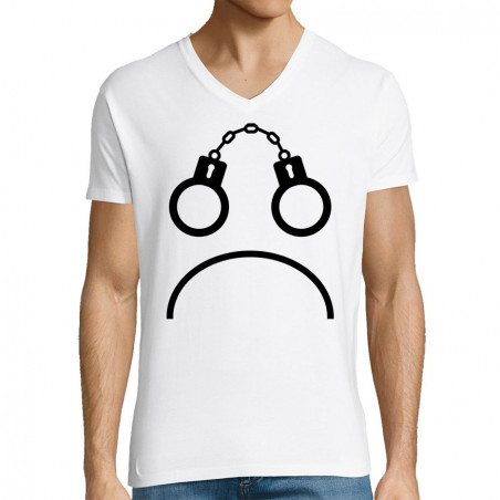 T-shirt homme col V blanc Menottes smiley (Gondrax,Slogans engagés,Humour)