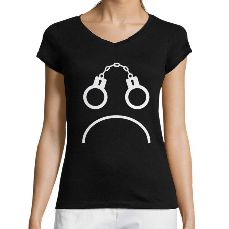 T-shirt femme col V noir Menottes smiley (Gondrax,Slogans engagés,Humour)