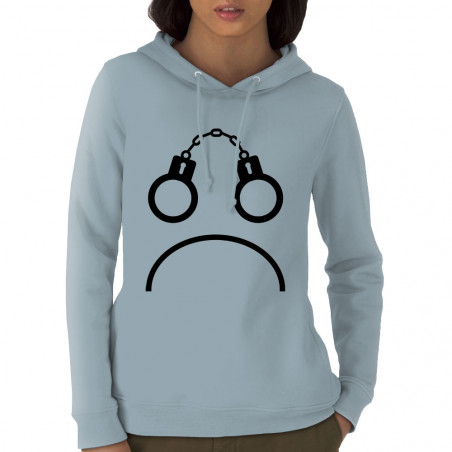 Sweat femme à capuche coton bio bleu ciel Menottes smiley (Gondrax,Slogans engagés,Humour)
