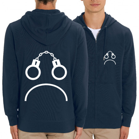 Sweat homme zippé à capuche coton bio bleu marine Menottes smiley (Gondrax,Slogans engagés,Humour)