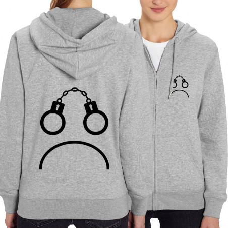 Sweat femme zippé à capuche coton bio gris chiné Menottes smiley (Gondrax,Slogans engagés,Humour)