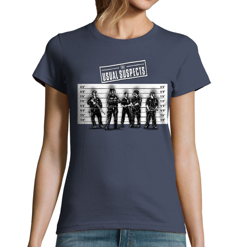 T-shirt femme bleu denim Usual Suspects Police (Gondrax,Slogans engagés,Détournements)