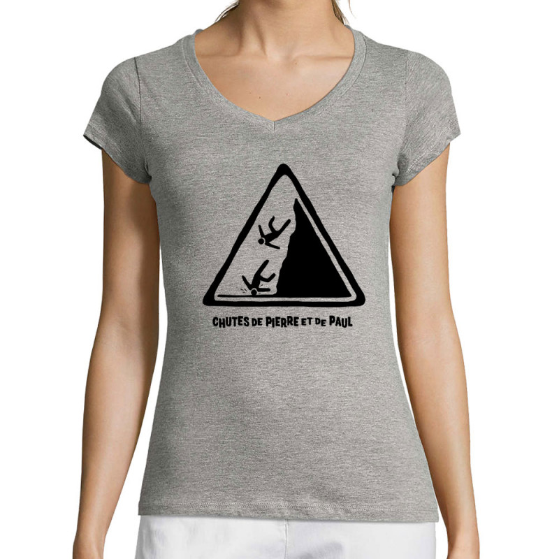 T-shirt femme col V gris chiné Chutes de Pierre et de Paul (Gondrax,Humour)