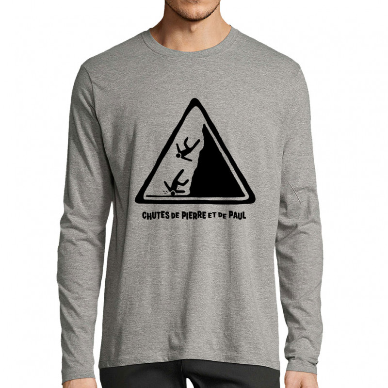 T-shirt homme manches longues gris chiné Chutes de Pierre et de Paul (Gondrax,Humour)